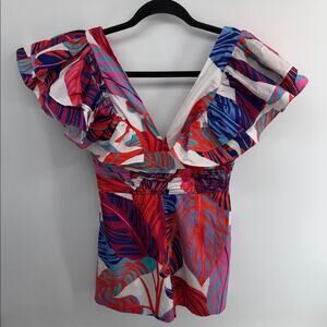 Hutch Harbor ruffle shoulder sleeveless V-neck botanical leaf print romper